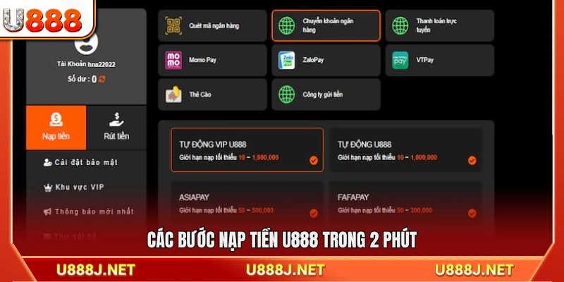 Quy trình nạp tiền U888 nhanh gọn chỉ trong 2 phút